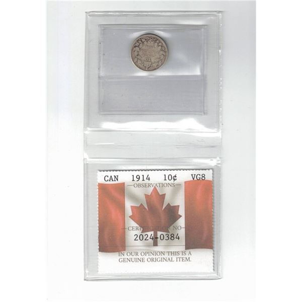 1914 Canada 10¢ Certified PCCS VG8, Professional Coin Certification System