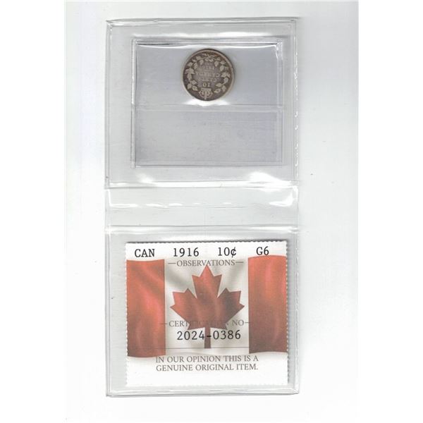 1916 Canada 10¢ Certified PCCS G6, Professional Coin Certification System