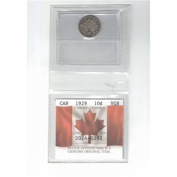 1929 Canada 10¢ Certified PCCS VG8, Professional Coin Certification System