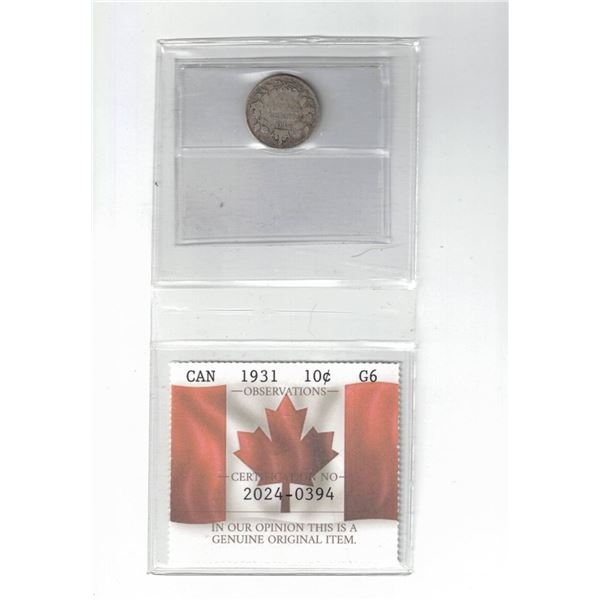 1931 Canada 10¢ Certified PCCS G6, Professional Coin Certification System