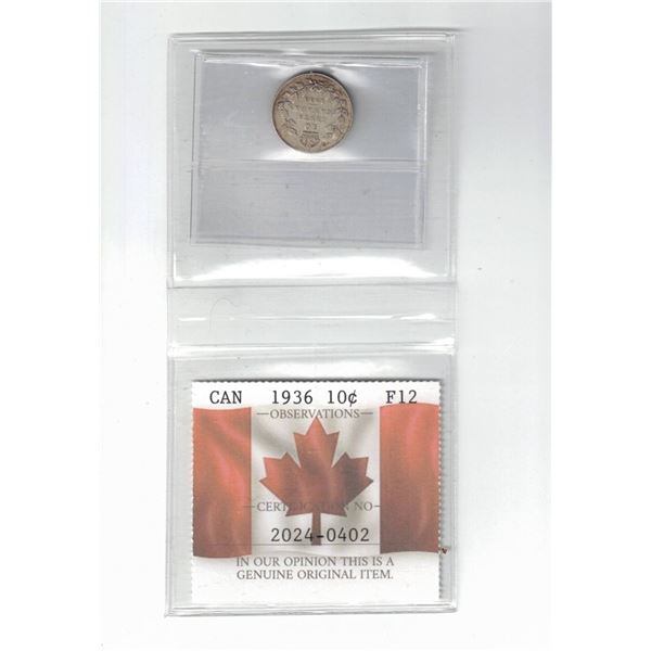 1936 Canada 10¢ Certified PCCS F12, Professional Coin Certification System