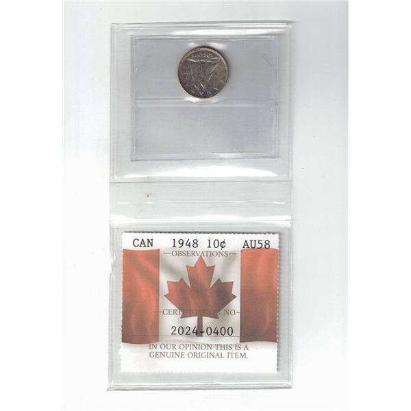 1948 Canada 10¢ Certified PCCS AU58, Professional Coin Certification System