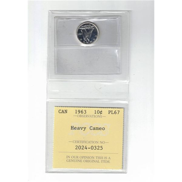 1963 Canada 10¢; Heavy Cameo, Certified PCCS PL67, Professional Coin Certification System