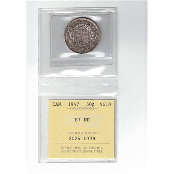 1947 Canada 50¢; S7 ND,  Certified PCCS VG10,