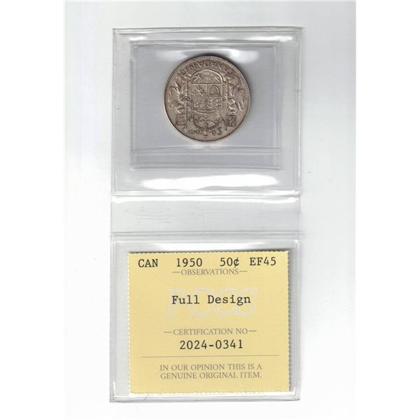 1950 Canada 50¢; Full Design,  Certified PCCS EF45,