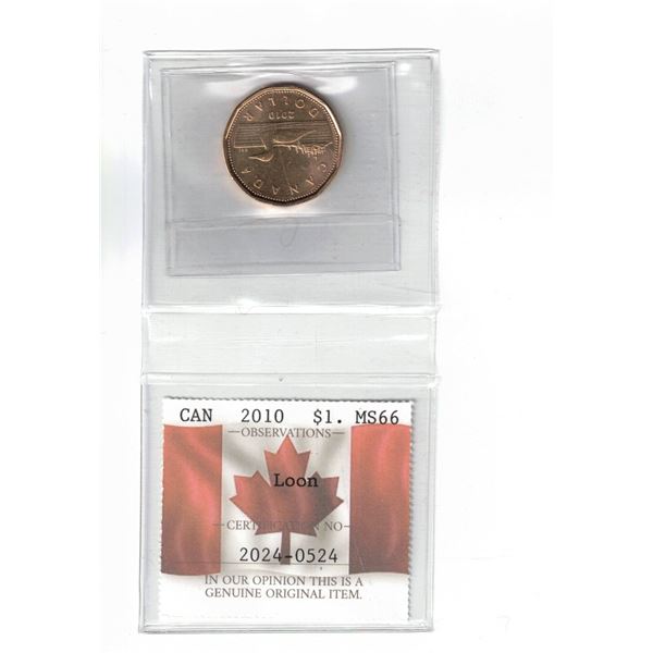2010 Canada $1. Loon ; SB, Certified PCCS MS66, Professional Coin Certification System