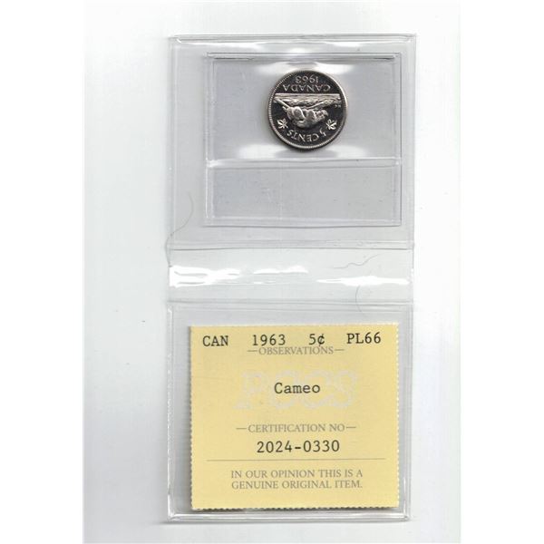 1963 Canada 5¢; Cameo, Certified PCCS PL66, Professional Coin Certification System
