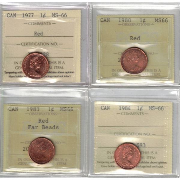 1¢ MS-66 ICCS PCCS 4pcs lot, Professional Coin Certification System