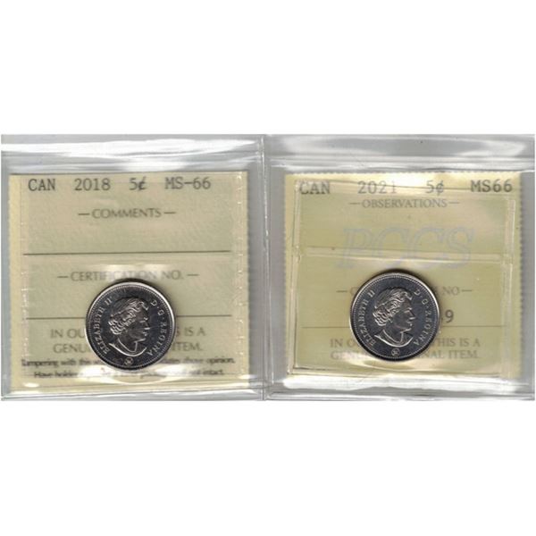 2018 5¢ ICCS MS-66, 2021 5¢ PCCS MS-66 (Professional Coin Certification System)