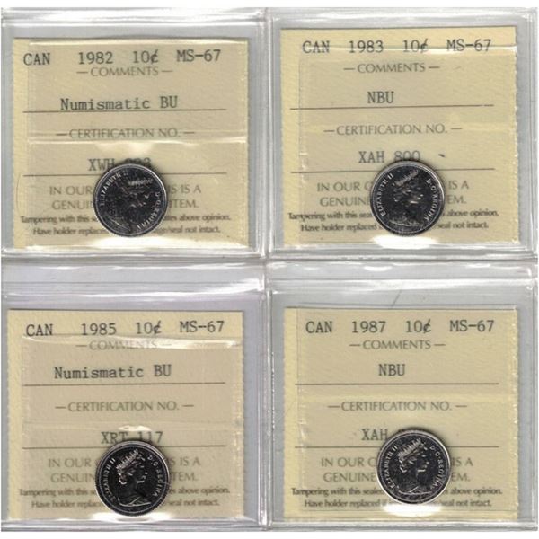 1982 10¢ MS67, 1983 10¢ MS67, 1985 10¢ MS67, 1987 10¢ MS67, 4pcs All ICCS, NBU