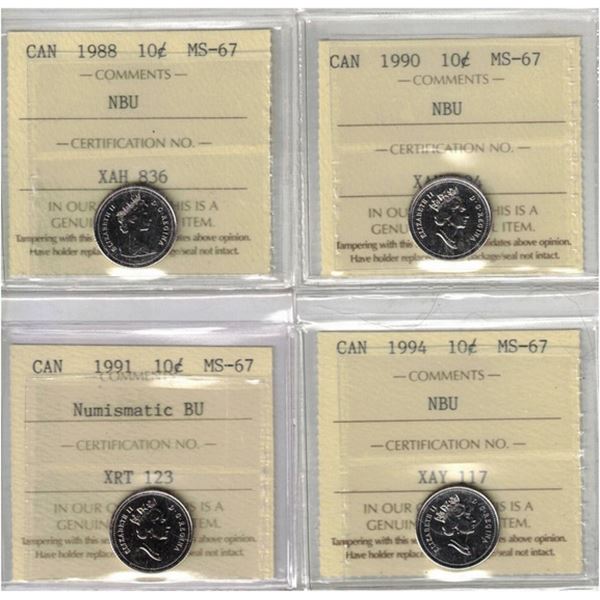 1988 10¢ MS67, 1990 10¢ MS67, 1991 10¢ MS67, 1994 10¢ MS67, 4pcs All ICCS, NBU