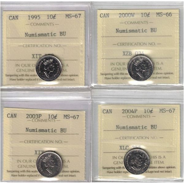 1995 10¢ MS67, 2000W 10¢ MS66, 2003P 10¢ MS67, 2004P 10¢ MS67, 4pcs All ICCS, NBU