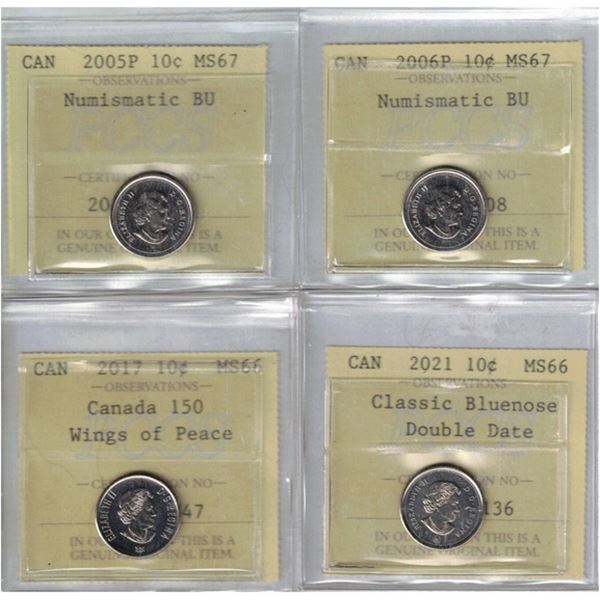 2005P 10¢ MS67, 2006P 10¢ MS67, 2017 10¢ Wings MS66, 2021 10¢ Classic Db Date MS66, 4pcs All PCCS