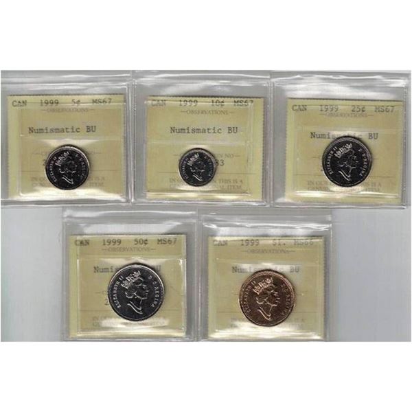 1999 5¢ 10¢ 25¢ 50¢ MS67, $1 MS66, NBU PCCS (Professional Coin Certification System)