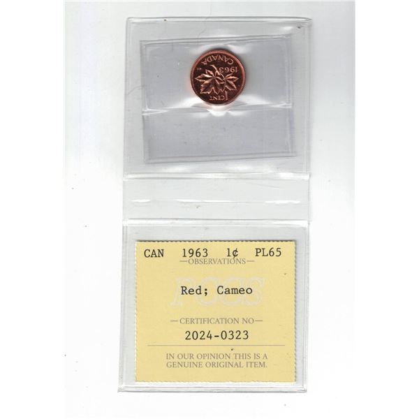 1963 Canada 1¢; Red; Cameo, Certified PCCS PL65, Professional Coin Certification System