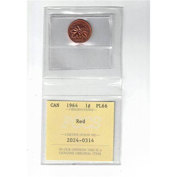 1964 Canada 1¢; Red, Certified PCCS PL66, Professional Coin Certification System