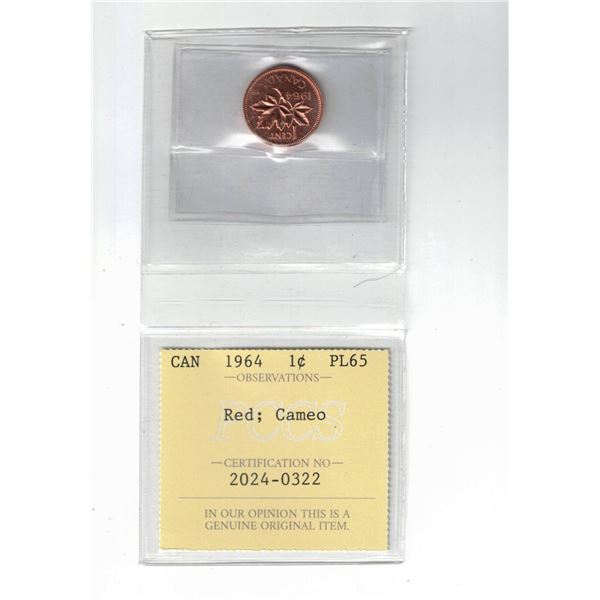 1964 Canada 1¢; Red; Cameo, Certified PCCS PL65, Professional Coin Certification System