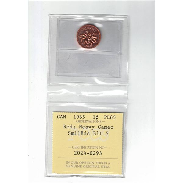 1965 Canada 1¢; Red; Heavy Cameo, Small Beads Blunt 5, Certified PCCS PL65