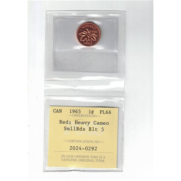 1965 Canada 1¢; Red; Heavy Cameo, Small Beads Blunt 5, Certified PCCS PL66