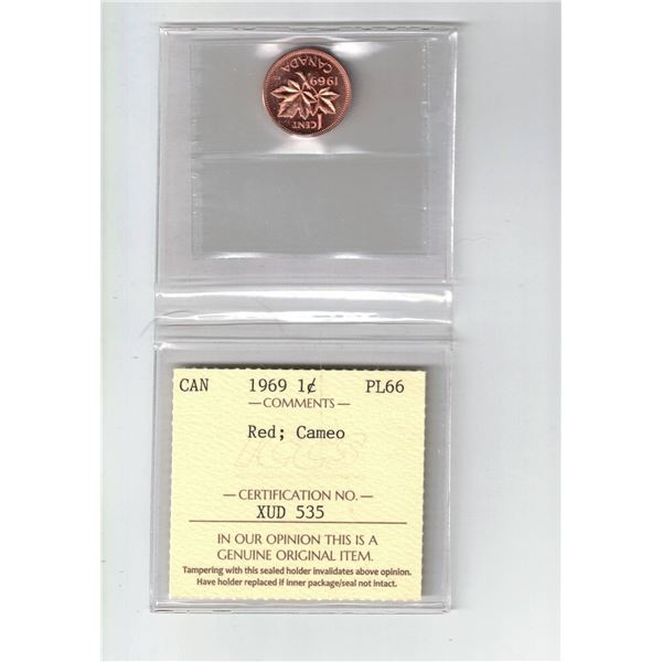 1969 Canada 1¢; Red; Cameo, Certified ICCS PL66