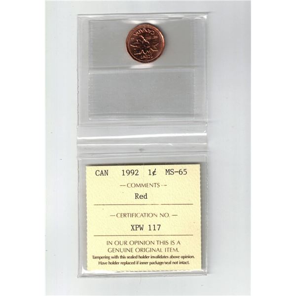 1992 Canada 1¢; Red, Certified ICCS MS65