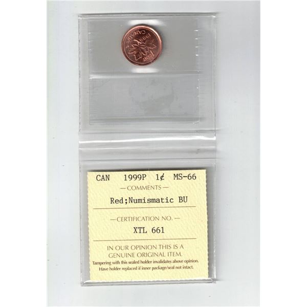 1999P Canada 1¢; Red, NBU, Certified ICCS MS66