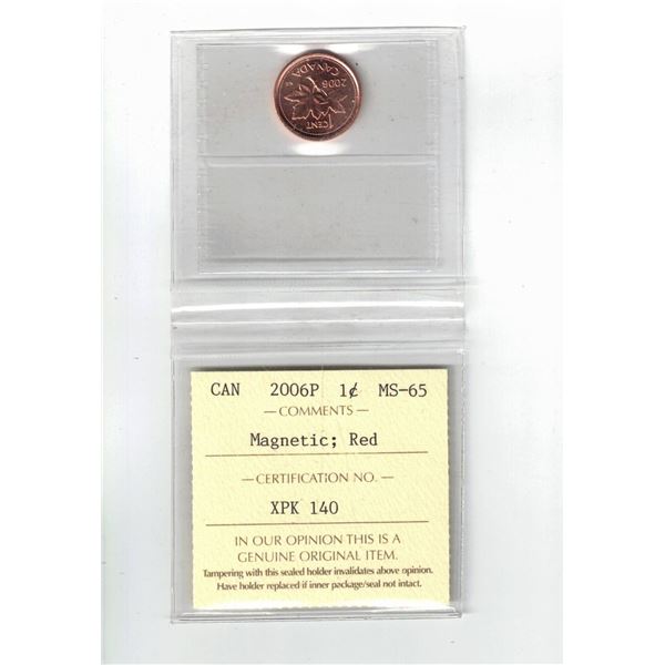2006P Canada 1¢; Red; Magnetic, Certified ICCS MS65