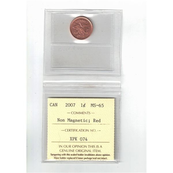 2007 Canada 1¢; Red; Non Magnetic, Certified ICCS MS65
