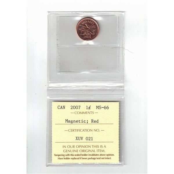 2007 Canada 1¢; Red; Magnetic, Certified ICCS MS66
