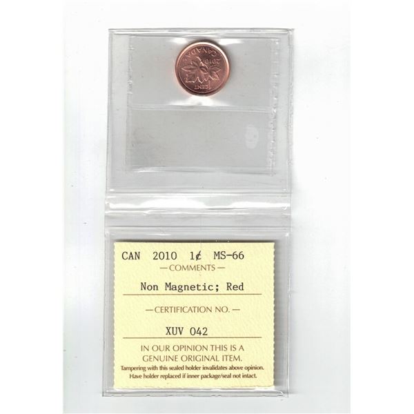 2010 Canada 1¢; Red; Non Magnetic, Certified ICCS MS66