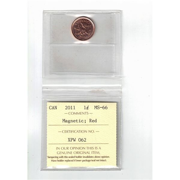 2011 Canada 1¢; Red; Non Magnetic, Certified ICCS MS66