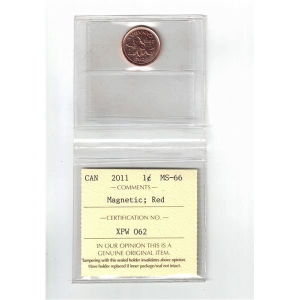 2011 Canada 1¢; Red; Magnetic, Certified ICCS MS66