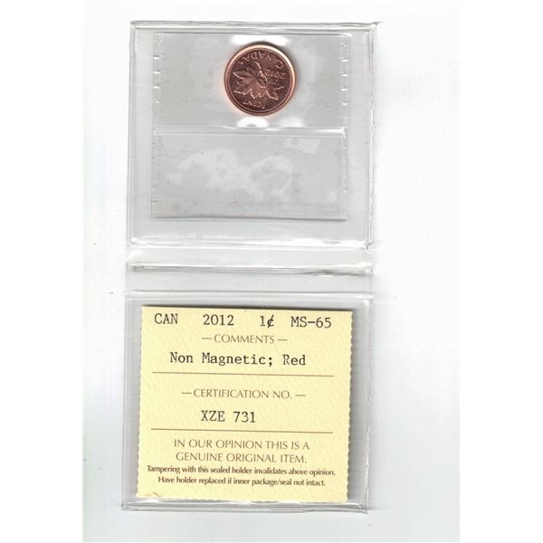 2012 Canada 1¢; Red; Non Magnetic, Certified ICCS MS65