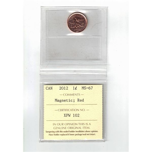 2012 Canada 1¢; Red; Magnetic, Certified ICCS MS67