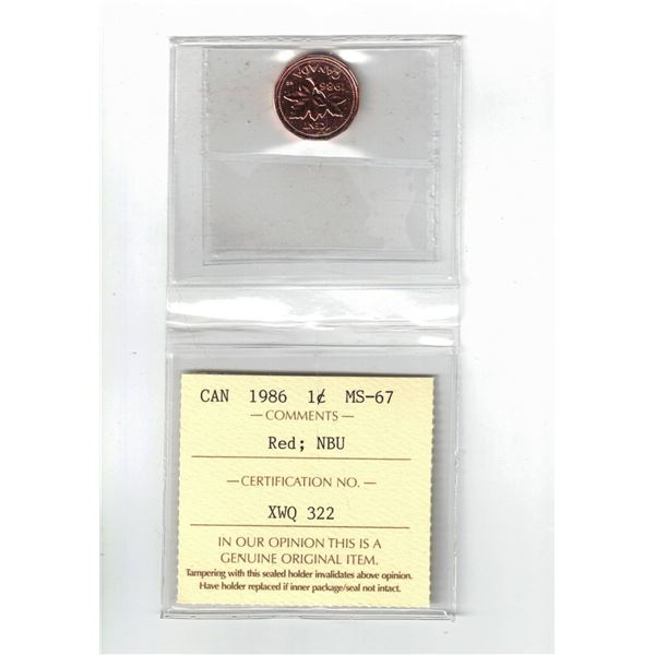 1986 Canada 1¢; Red, NBU, Certified ICCS MS67