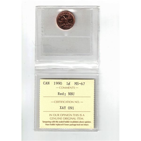 1990 Canada 1¢; Red, NBU, Certified ICCS MS67