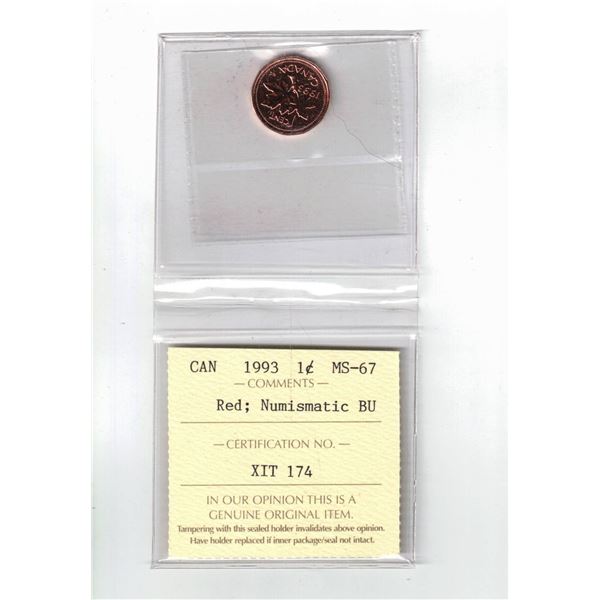 1993 Canada 1¢; Red, NBU, Certified ICCS MS67