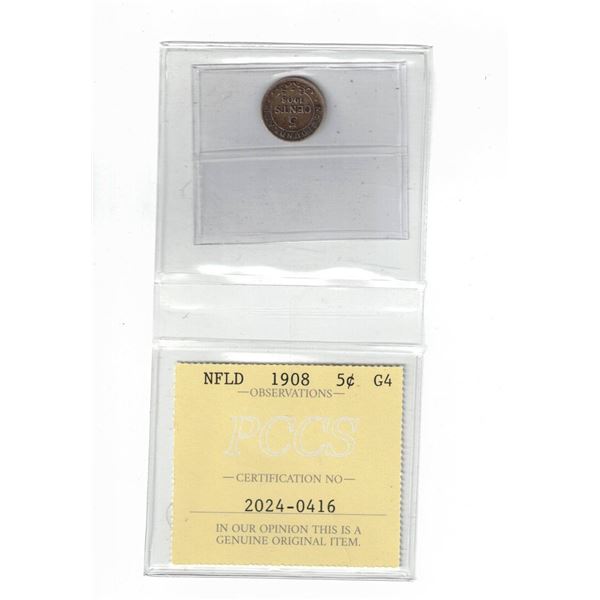 Newfoundland 1908 5¢ Certified PCCS G4, Professional Coin Certification System