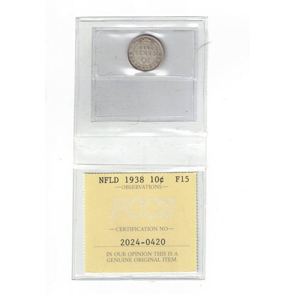 Newfoundland 1938 10¢ Certified PCCS F15, Professional Coin Certification System