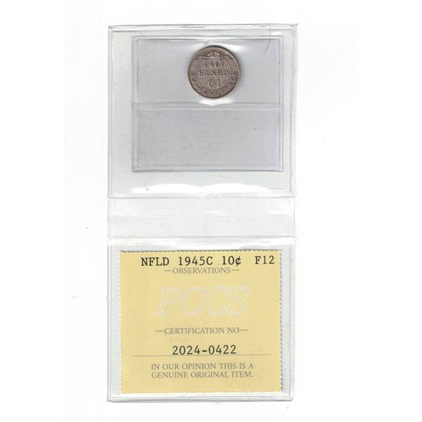 Newfoundland 1945C 10¢ Certified PCCS F12, Professional Coin Certification System