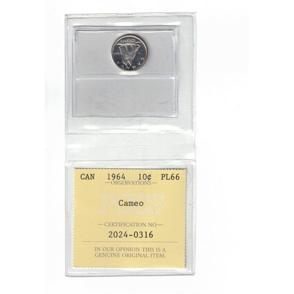 1964 Canada 10¢; Cameo, Certified PCCS PL66, Professional Coin Certification System