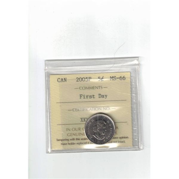 2005 Canada 5¢; First Day, Certified ICCS MS66