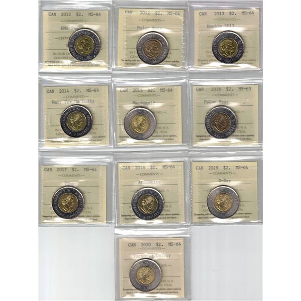 ICCS Certified Set of 10 $2. Coins all MS64-65