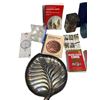 Image 2 : Box Full Of Assorted Collectibles, Porcelain Lion Thermometer, Copper Kettle, Miniature Film Reel Ho