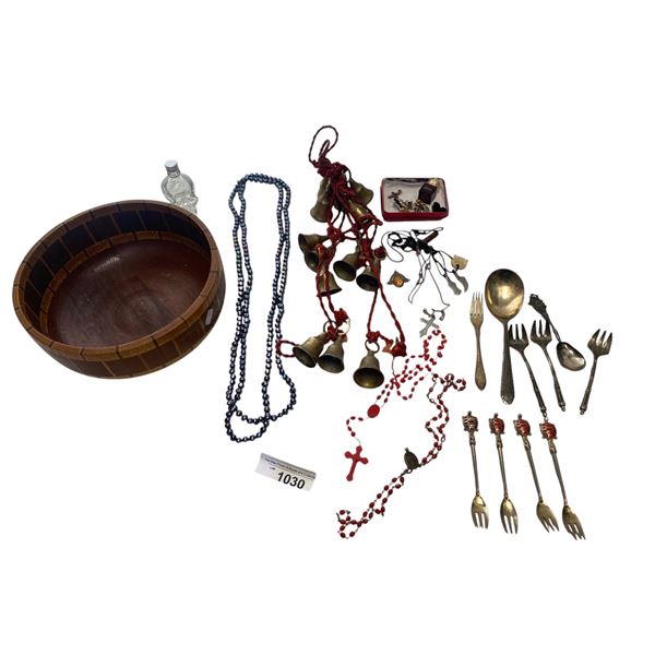 Assortment Of Vintage Collectibles, California Redwood Bowl, Skull Bottle, Bells, Pins, Etc..