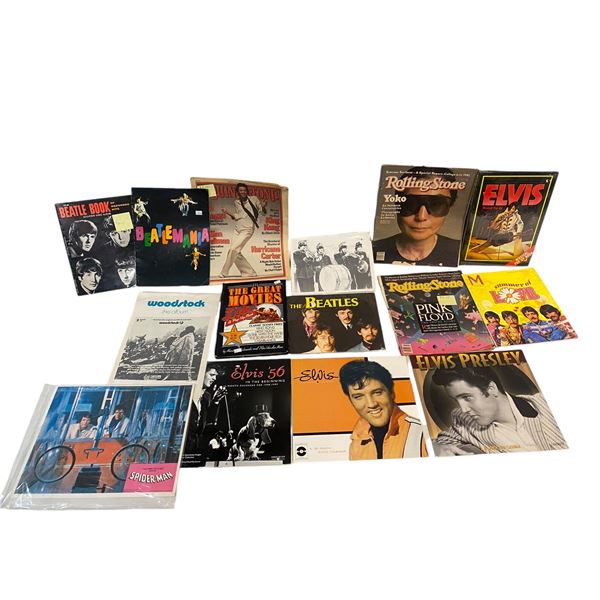 Assortment Of Vintage Music Ephemera, Books, Photos, Newspapers, Beatles, Elvis, Etc..