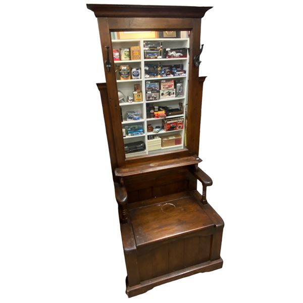 Vintage Hall Rack With Coat Hooks & Storage Seat