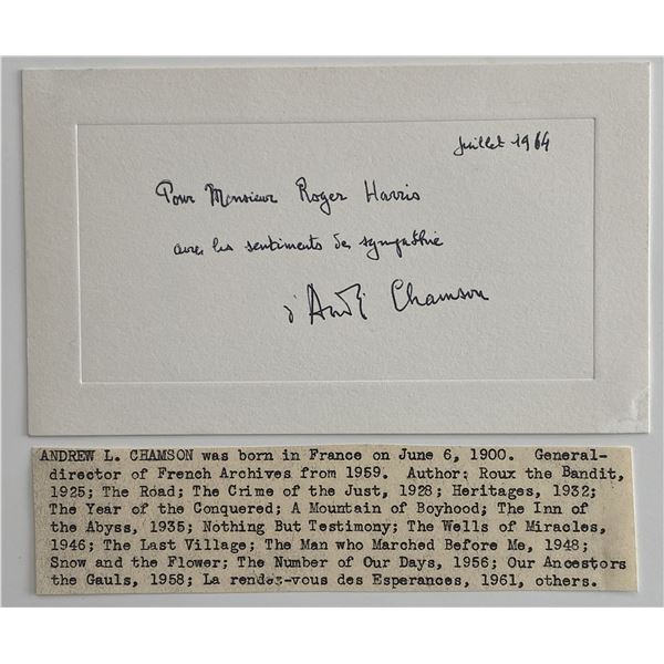 Andrew L. Chamson signed note and bio