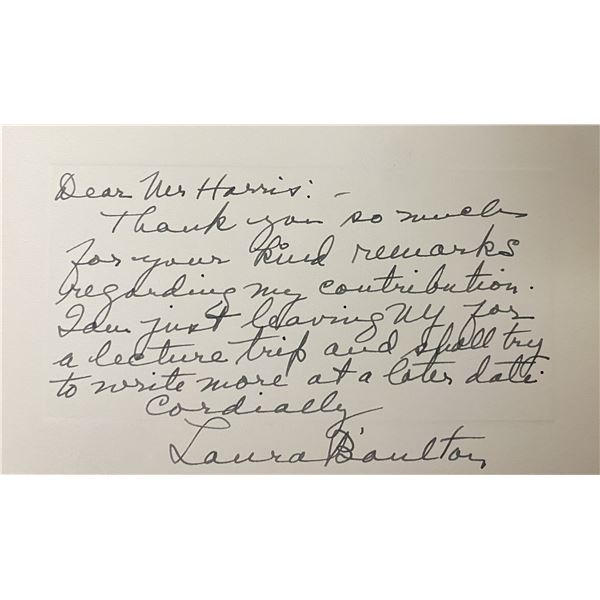 Ethnomusicologist Laura Boulton signed note and bio