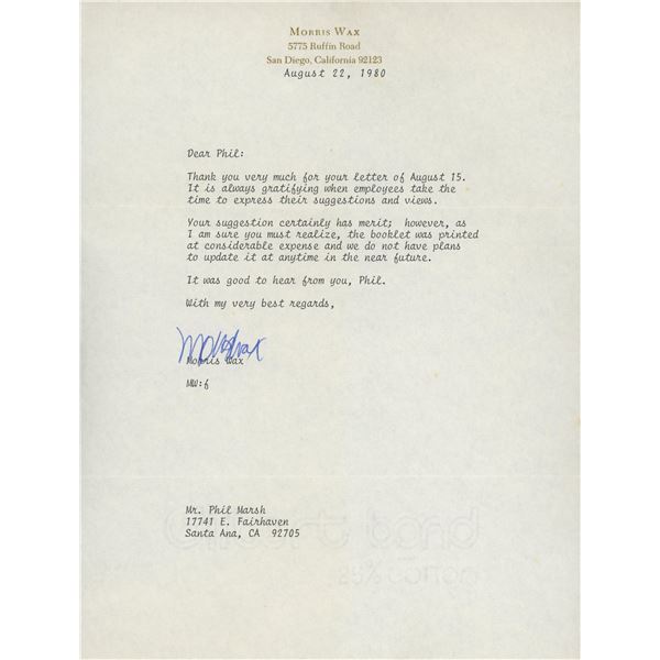 Morris Wax signed letter